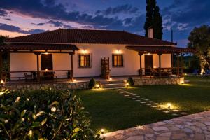 a house with lights in the yard at night at Dora Apartments in Tragaki