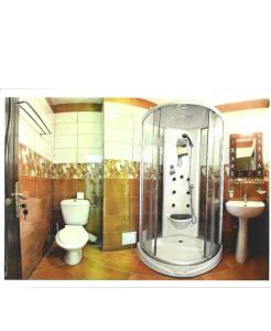 a bathroom with a shower and a toilet and a sink at Hotel VICTORY in Vama Veche