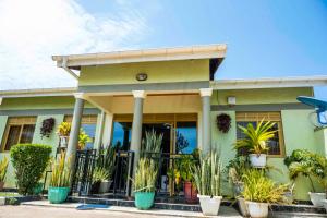 a green house with potted plants in front of it at Urban Escape Apartment in Mbarara