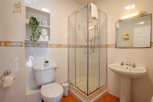 a bathroom with a shower and a toilet and a sink at Spacious 4-Bed Central Limerick Group Retreat in Limerick