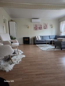 a living room with blue couches and a rug at Auroraheim in Gryllefjord