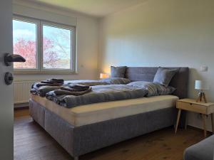 a couch sitting in a living room next to a window at Landhaus de Bel in Hergenrath