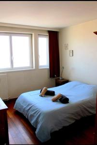 a bedroom with a bed with two towels on it at Charming 96m2 fantastic view in Tourcoing