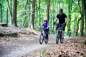 a man and a child riding bikes in the woods at Knochenhaus in Schmallenberg