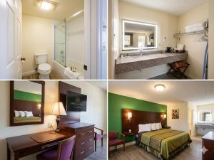 three pictures of a hotel room with a bathroom at Surry Inn - Dobson - I-77 - Exit 93 in Dobson