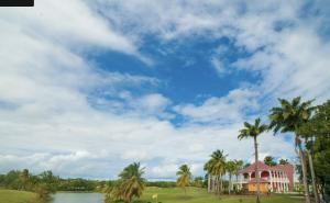 a house with palm trees in front of a lake at Atlantique Créole - Crystal Beach, Saint-François in Saint-François