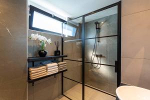 a bathroom with a shower and a glass shower stall at Veerse Meer Lodge in Wolphaartsdijk +96 photos
