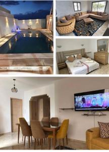 a collage of pictures of a living room and a pool at Villa Al-Qamar in Midoun
