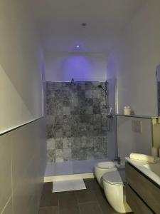 a bathroom with a toilet and a shower and a sink at Black Daisy in Bernalda