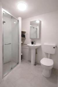 a bathroom with a toilet and a sink and a shower at Ellipse apartment in Piran