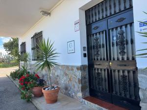 a black door of a house with plants and flowers at Casa Rural La Aduana in Villanueva del Fresno