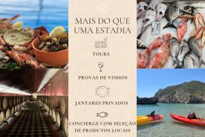 a collage of photos with seafood and a sign at Alandroal Nature & Pool Retreat- Courela dos Tojos in Alandroal
