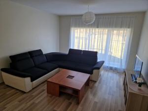 a living room with a black couch and a coffee table at FB kotedžo apartamentai in Kretinga