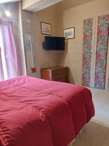 a bedroom with a red bed and a flat screen tv at Alloggio Panorama in Rocca di Papa