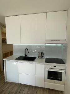 a white kitchen with a sink and a stove at Studio Pod Kaninom in Bovec +3 photos