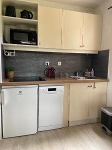 a kitchen with white cabinets and a white dishwasher at Studio Rez de jardin coté piscine - Clim in Saint-Raphaël