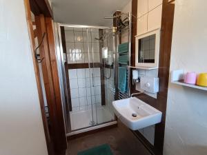 a bathroom with a shower and a sink at Birchwood Guest Lodge in Balmaha +43 photos
