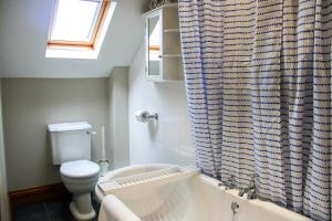 a bathroom with a toilet and a shower curtain at School House Cottage in Buxton