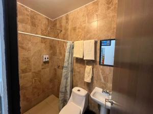 a bathroom with a shower and a toilet and a sink at STUDiOS RAYON in Morelia