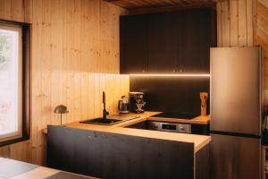 a kitchen with a refrigerator and a stove top oven at Chata u Karla in Rudná pod Pradědem