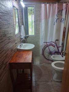 a bathroom with a sink and a toilet and a bike shower curtain at Departamentos Don Carlos in Villa Cura Brochero +36 photos