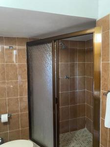 a bathroom with a shower with a toilet and a shower door at Casa Amelia Hotel & Boutique in Zacatlán
