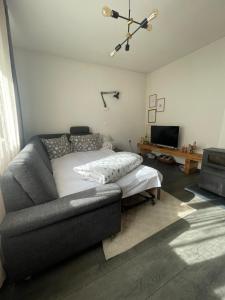 a living room with a couch and a television at Holiday home Metulum in Oštarije