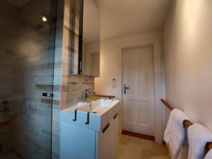 a bathroom with a sink and a shower at Marxhof Seebruck am Chiemsee in Seeon-Seebruck +46 photos