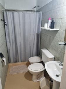 a bathroom with a toilet and a sink and a shower at Refugio del Valle - Uspallata in Uspallata