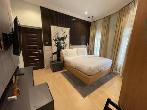 a bedroom with a bed and a desk in it at Hirolagos in Bamgbose +3 photos