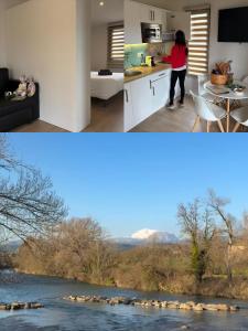 two pictures of a kitchen and a woman in a kitchen and a river at Casas Natura Suites - Finca Rural in Graus