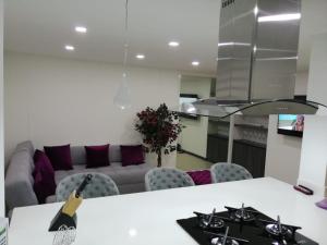 a kitchen with a couch and a stove in a room at Nova MSuites Viveiro in Viveiro