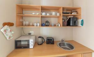 a kitchen counter with a sink and a microwave at Lloyd Road Cottage in Port Elizabeth