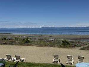 a group of lawn chairs sitting on a beach at Beachfront King Bed Studio Suite in Qualicum Beach