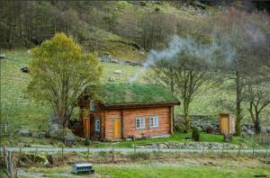 a small wooden house with a green roof at Preikestolen in Forsand