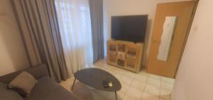 a living room with a couch and a flat screen tv at 5th Floor Oasis 2 Badroom Apartment in Bucharest