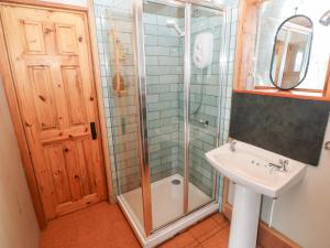 a bathroom with a shower and a sink at Cosy Eco Cabin in Newport +23 photos