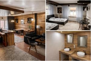 two pictures of a living room and a bedroom at Piets Monteurwohnung Sandstedt in Hagen im Bremischen