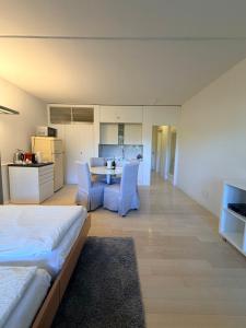 a living room with a table and chairs and a kitchen at Holiday on The Lake Lugano 2 in Bissone