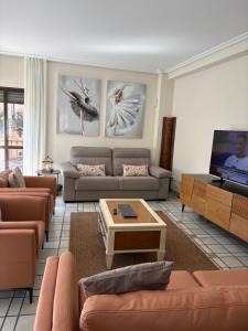a living room with couches and a flat screen tv at Casa Entremuseos in Zamora