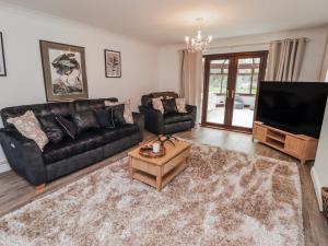 a living room with a black leather couch and a television at Willows Lodge at Carreg Llwyd in Cardiff