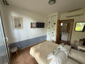 a living room with a couch and a mirror at Chambre BELEM - Piscine chauffée - MAS SAINT LOUIS in Aigues-Mortes +48 photos