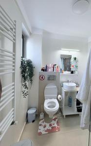 a small bathroom with a toilet and a sink at Tower Apartments A6 in Năvodari +11 photos