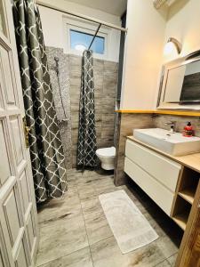 a bathroom with a sink and a toilet and a shower at Gdynia Abrahama 48 in Gdynia +14 photos