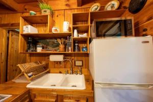 a kitchen with a white sink and a refrigerator at Creek Crest Cabin Ocoee Riverside Cabin in Ocoee