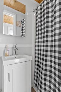 a bathroom with a sink and a shower curtain at Quail Run Farm- Rustic Tiny Home 1 in Chattanooga