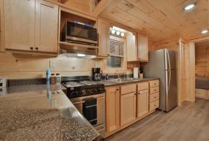 a kitchen with a stove and a refrigerator at Stefan Cabin Nature-nested Tiny Home Hot Tub in Chattanooga +25 photos