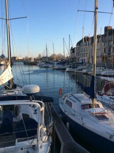 a group of boats docked in a harbor at Appartement Le Notre Dame in Honfleur