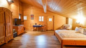 ein Schlafzimmer mit einem Bett und einem Fernseher in einem Zimmer in der Unterkunft Topfit Leisure Park Freinberg Country Suites und Lodges in Freinberg