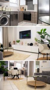 two pictures of a living room and a kitchen at Luxury Sunset Gem with Power Backup in Sandton